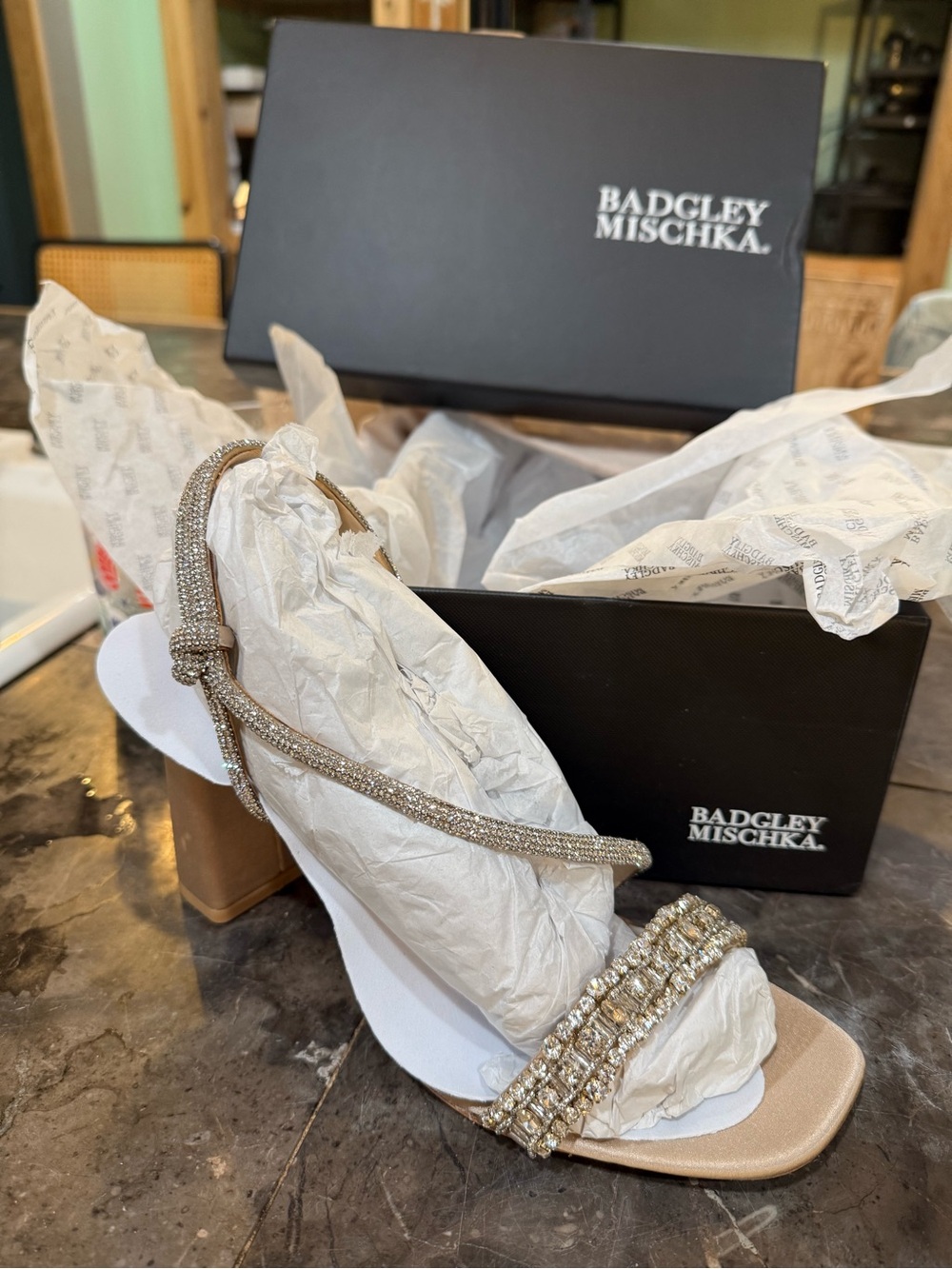 Badgley Mischka Gold Crystal Embellished Strappy Heel Sandals